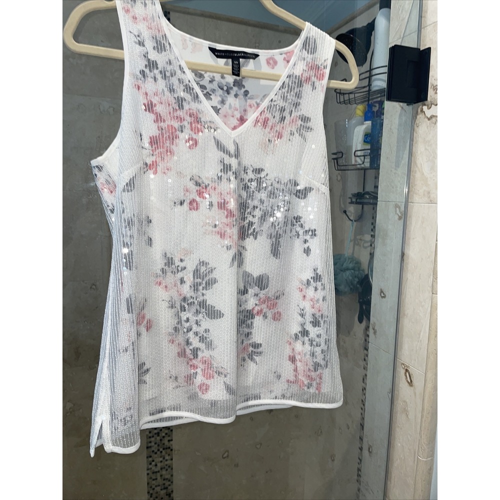 White House Black Market Floral Sequin Overlay V-Neck Tank Top XS White Pink